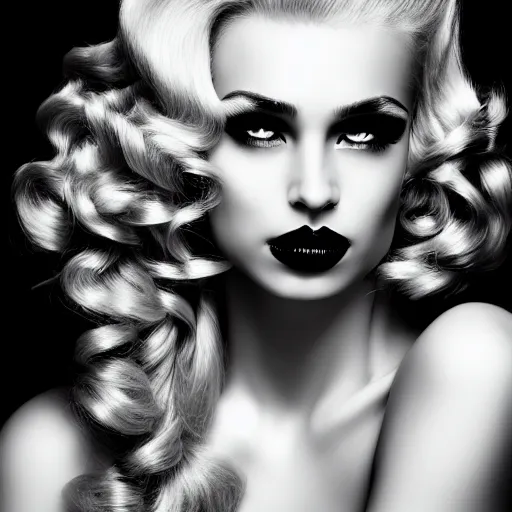 Prompt: stunning black and white portrait of a beautiful blonde woman by kenneth willardt. long curly glossy hair and makeup. vintage glamour. shiny dark lips. fashion photography.