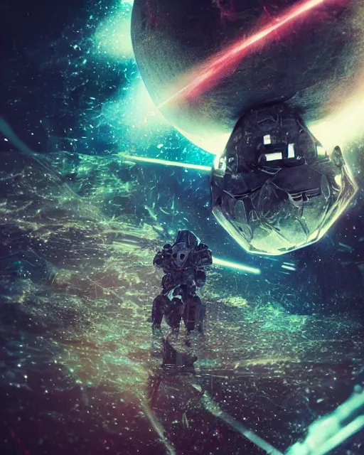 Prompt: brutalist galaxy encased inside a diamond gundam mecha skull floating in void hallucinating, an astronaut space pirate covered with black sticky extraterrestrial fluid, creative VFX, vhs glitch, laserdisc reflections, no text, HD octane render, volumetric lighting, magical atmosphere, cinematic, hyper-realistic, rendered with octane, hyper realistic, hyper detailed, surreal, futuristic, volumetric light, 8k