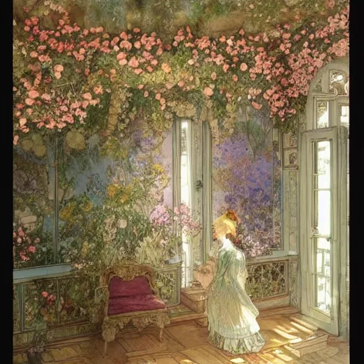 Image similar to a beautifull intricate watercolour painting of a victorian bedroom with many flowers, reflexions, verry high details by william turner art, greg rutkowski and alphonse mucha, trending on artstation, very very detailed, masterpiece,