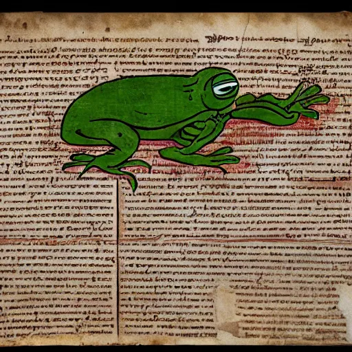 Image similar to ancient manuscript of pepe the frog on papyrus paper, ancient color illustrated, 30BC