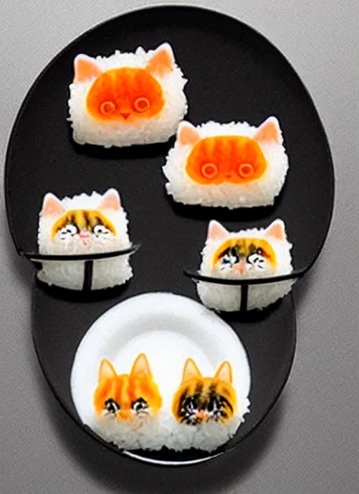 Prompt: clear photorealistic picture of adorable cats made from sushi rice, sitting on sushi plates with wasabi paste and soy sauce