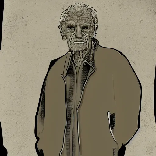 Image similar to detailed digital art of a old person wearing ragged and ruined clothes. the background is black with a little bit of glow behind the character