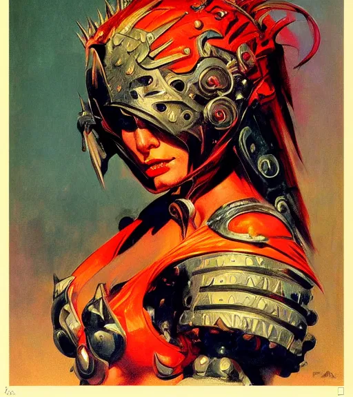 Image similar to portrait of strong female chaos angel, beautiful! coherent! by frank frazetta, by brom, strong line, vivid neon color, spiked metal armor, iron helmet maximalist