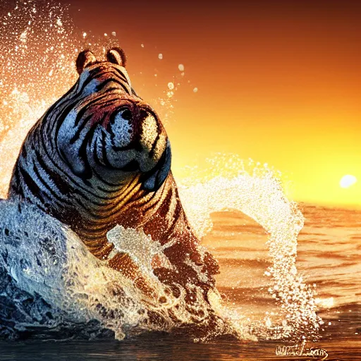 Image similar to a closeup photorealistic photograph of a cute smiling knitted tiger hippopotamus splashing in the surf at sunset. waves in background. professional capture. brightly lit scene. this 4 k hd image is trending on artstation, featured on behance, well - rendered, extra crisp, features intricate detail, epic composition and the style of unreal engine.