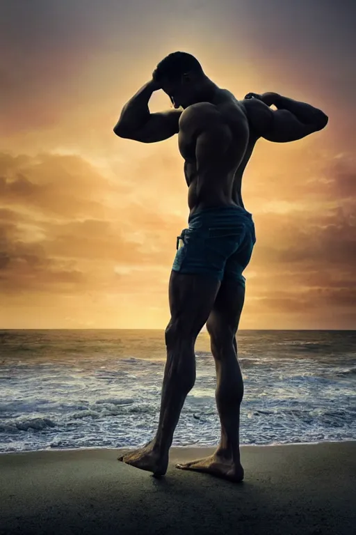 Image similar to a very muscular and defined man wearing ripped pants and shirt looking to the sea at sunset, godrays, complementary colors, natural lighting, portait image, path tracing, serene landscape, high quality, highly detailed, 8K, soft colors, warm colors, turbulent sea, high coherence, anatomically correct, hyperrealistic, concept art, defined face, five fingers