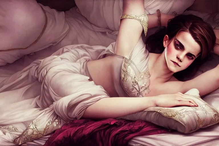 Prompt: Emma Watson lying on the bed in sleepwear, very beautiful face, night time, intricate, elegant, highly details, digital painting, 4k, HDR, artstation, concept art, smooth, sharp focus, illustration, art by Artgerm and Greg Rutkowski and Alphonse Mucha