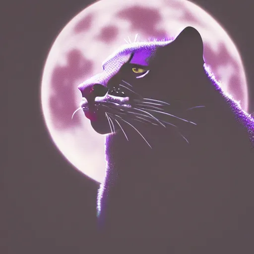 Image similar to closeup of a purple panther roaring at the moon. forest. night. large moon in the center. trending on artstation. cinematic. photoreal. dark colors.