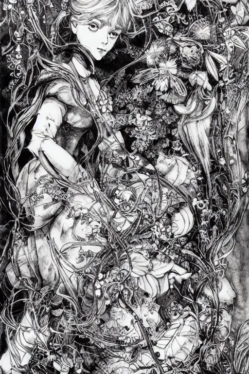 Prompt: Beautiful Alice in wonderland tarot card , pen and ink, intricate line drawings, by Yoshitaka Amano, Ruan Jia, Kentaro Miura, Artgerm, watercolor