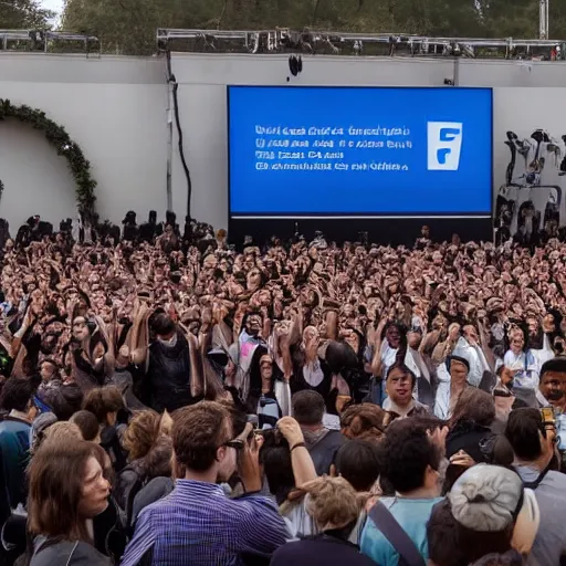 Image similar to mark zuckerberg standing on a podium, looking over a crowd of civilians who are wearing VR headsets