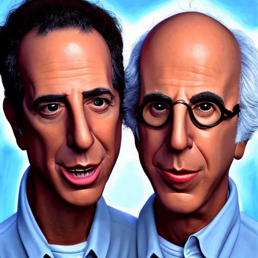 Image similar to realistic painting of larry david and jerry seinfeld as siamese brothers, ultra detailed, soft light, octane rendering, trending on arstation, perfect faces