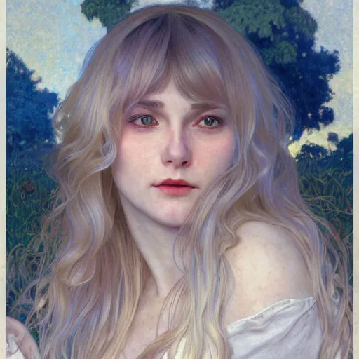 Image similar to A young woman with blonde long hair and bangs in shorts and white shirt drawn by Donato Giancola and Anna Dittmann, frank frazetta, alphonse mucha, background by James Jean and gustav klimt, 4k, volumetric lighting, french nouveau, trending on artstation, octane render, hyperrealistic