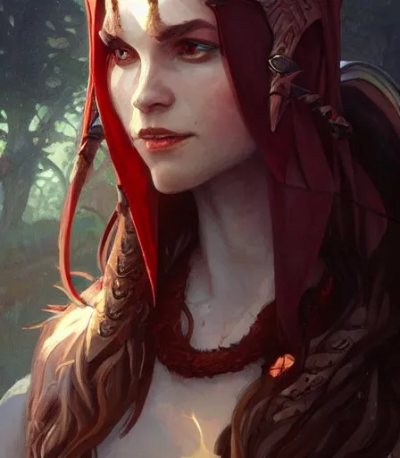 Prompt: Attractive Tiefling Druid,fully clothed,modest,with armor, dungeons and dragons portrait, highly detailed, digital painting, artstation, concept art, sharp focus, illustration, art by artgerm and greg rutkowski and alphonse mucha