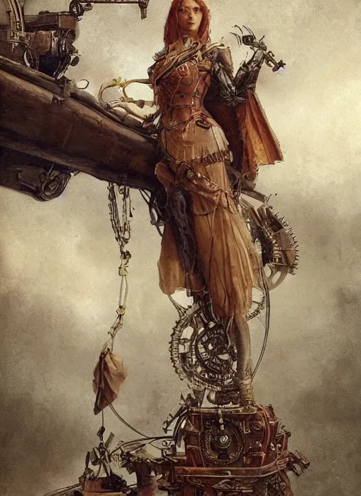 Image similar to highly detailed steampunk woman standing on a mechanism : leonardo da vinci, greg rutkowski, magali villeneuve