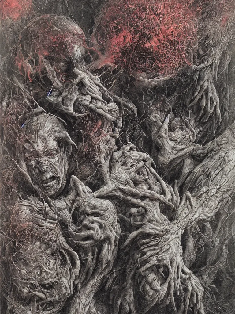 Prompt: a portrait of donald trump as a tumor by dan seagrave, wayne barlowe and zdzisław beksinski, front and center, intricate detail, surrealist, macabre, dark, horror, pain, suffering, death