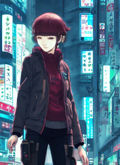 Image similar to character portrait cyberpunk female wearing jacket in Tokyo, hidari, color page, tankoban, 4K, tone mapping, Akihiko Yoshida.
