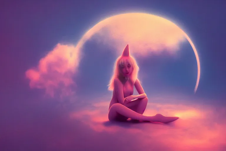 Image similar to a cute alien girl sitting on a cloud relaxing, misty, glows, digital art, hazy, foggy, red lighting, ambient lighting, 8 k,