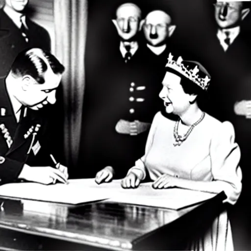 Prompt: 3 5 mm 1 9 4 6 historical photo, of a single general and a young queen elizabeth signing a peace treaty, french village interior, an adorable corgi watches from below, highly detailed, sharp focus, symmetrical face
