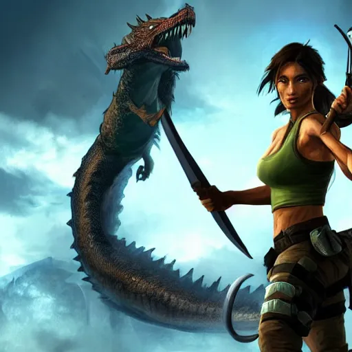 Prompt: lara croft fights a dragon, high quality concept art