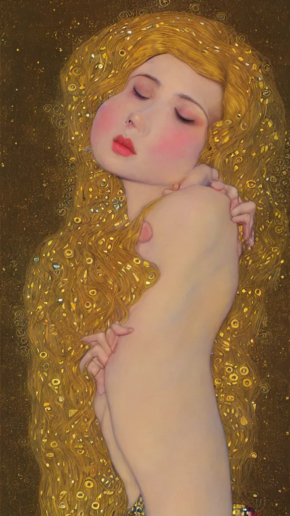 Image similar to a soft and breathtaking detailed painting of a full body sleeping blonde princess in the style of Gustav Klimt, blonde hair, shiny gold, elegant, highly detailed, artstation, fluo colors, concept art, matte, sharp focus, art by Gustav Klimt