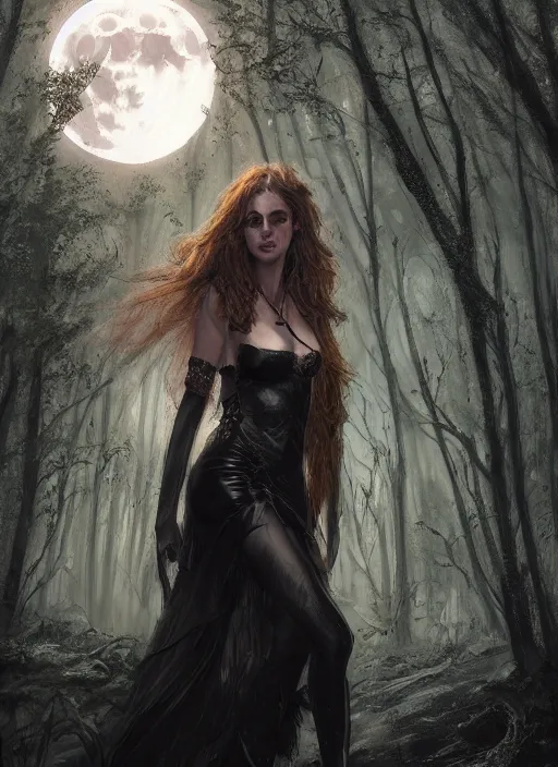 Prompt: close - up portrait of a beautiful girl as witch in front of the full big moon in a fantasy forest, black leather bra, by james gurney, max liebermann, greg rutkowski, highly detailed digital art, artstation