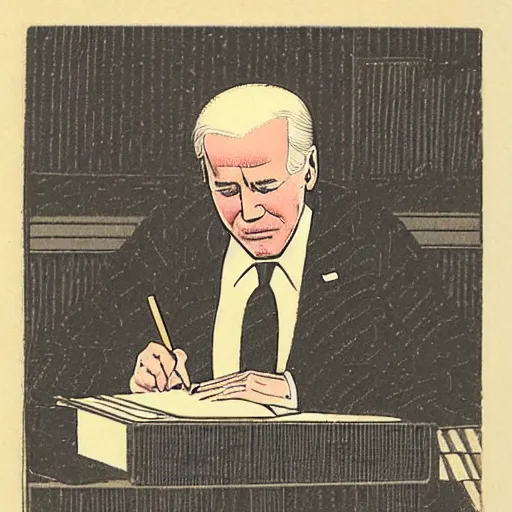 Prompt: Joe Biden writing his death haiku, Japanese woodblock print