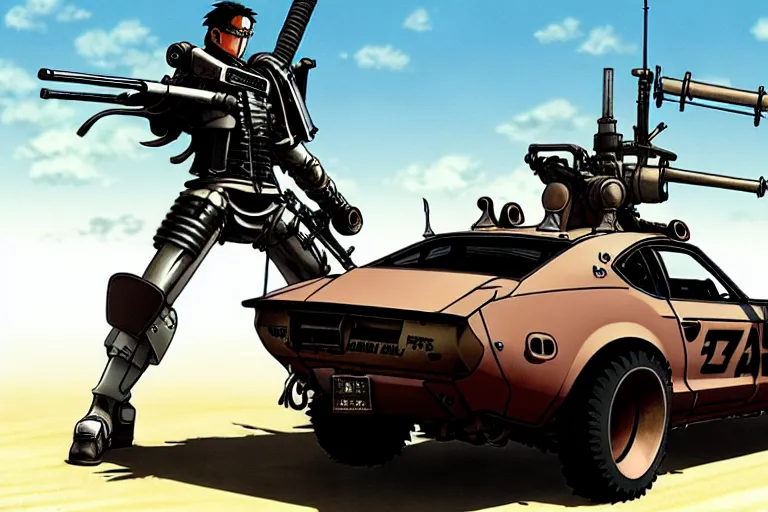 Image similar to masamune shirow dieselpunk mad max mustang mach 1 with guns installed makoto shinkai takashi takeuchi studio ghibli, akihiko yoshida