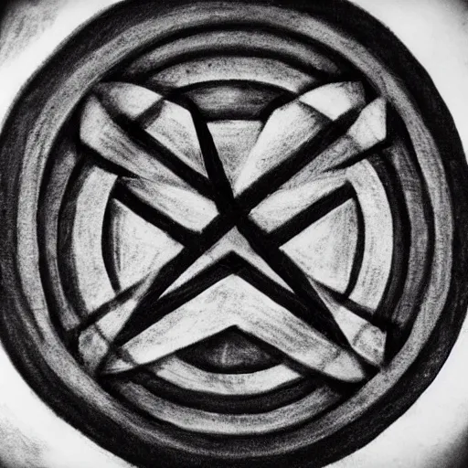 Image similar to evil occult symbol carved in a white canvas, charcoal