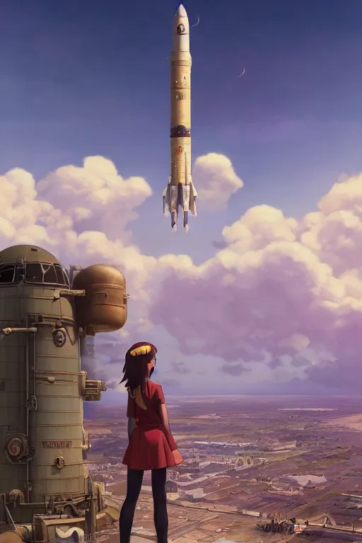 Image similar to a highly detailed matte painting of a girl watching soviet steampunk rocket launch by studio ghibli, makoto shinkai, by artgerm, by wlop, by greg rutkowski, volumetric lighting, octane render, 4 k resolution, trending on artstation, masterpiece