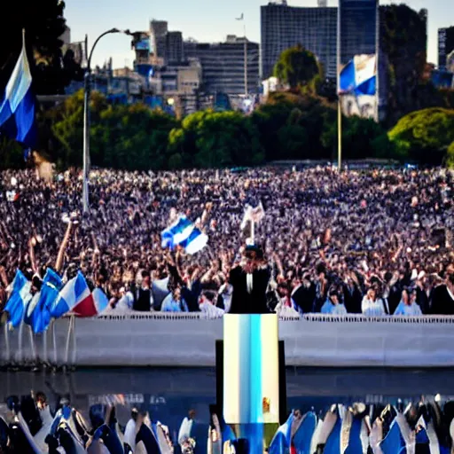 Image similar to Lady Gaga as president, Argentina presidential rally, Argentine flags behind, bokeh, giving a speech, detailed face, Argentina