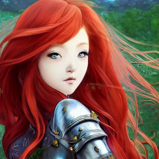 Image similar to a red haired female knight as an absurdly beautiful, elegant, young sensual anime girl, hilly background, ultrafine hyperrealistic detailed face illustration by kim jung gi, irakli nadar, intricate linework, sharp focus, bright colors, matte, octopath traveler, final fantasy, unreal engine highly rendered, global illumination, radiant light, intricate environment