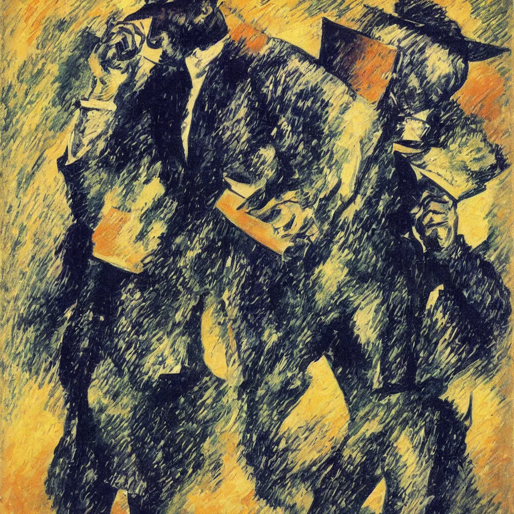 Prompt: Man in a business suit with a bag covering his head, by Boccioni