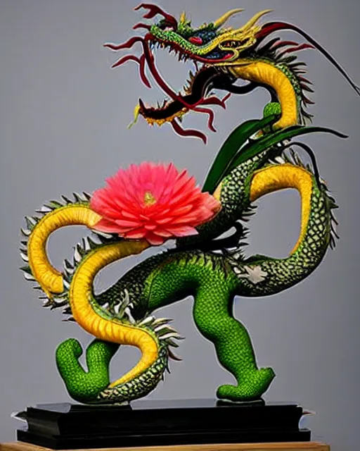 Image similar to Photograph of a Award-winning ikebana flower arrangement designed into the shape of a Chinese Dragon