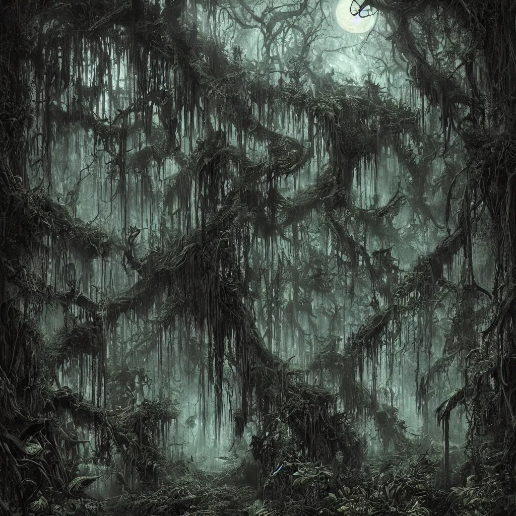 Prompt: a dark haunted swampy jungle forest at midnight, upward cinematic angle, heavy atmosphere, by Bernie Wrightston, P. Craig Russell and Rodney Matthews, ghostly moonlight, stunning composition, intricate, elegant, digital art, hyperdetailed, full color mixed media painting, hyperrealistic, sharp focus, 8k