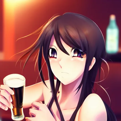 Image similar to Masculine looking anime girl at a bar drinking a beer, warm glow from the lights, angle that looks up at her from below, deviantart, pixiv, detailed face, smug appearance, beautiful anime, obviously drunk with reddish cheeks, detailed anime eyes