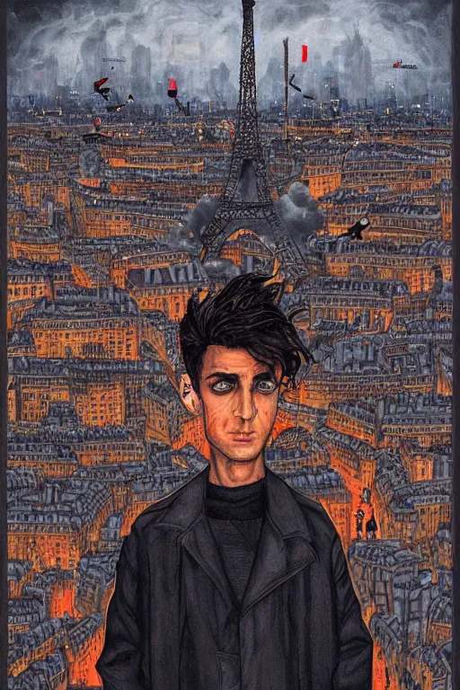 Prompt: in the foreground Paris, in the background a dark-haired man from behind playing with black flames coming out of his hands wearing a long matrix-style jacket, realistic, high definition, many details, dramatic scene, symmetrical face, realistic eyes, art of enki bilal