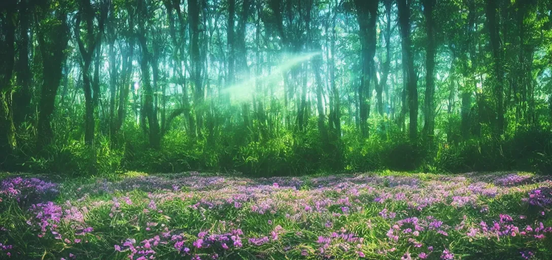 Image similar to “ ethereal, dreamland, a forest growing on water surface, background of flowery hill, bokeh, beautiful shadows, soft, dreamy, beach sand viable in corner. ”