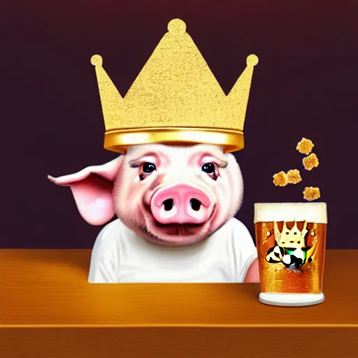 Image similar to realistic photo of a cute puppet pig wearing a gold crown drinking beer and eating a bowl pork rinds a table with a bib on, high quality, cinematic concept art