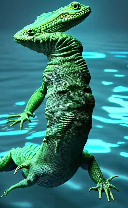 Image similar to humanoid lizard screaming, made of white translucent gelatin, under water, cinematic render, octane renderer