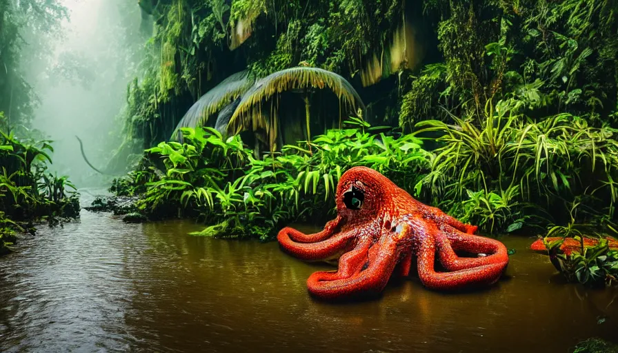 Image similar to a rainy foggy jungle, river with low hanging plants, there is a giant coral colored octopus in the water, great photography, ambient light