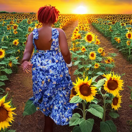 Prompt: highly detailed Anime visual of a black woman with blue hair and a yellow floral dress walking in a sunflower field during sunset, official media, drawn by Natsuki Takaya, cute