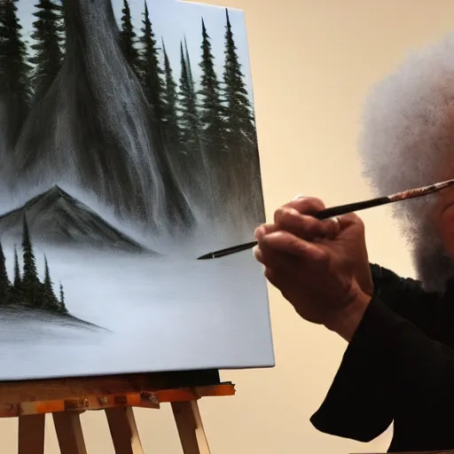 Image similar to a closeup photorealistic photograph of bob ross working on a canvas painting of darth vader. film still. brightly lit scene. mountains and trees. this 4 k hd image is trending on artstation, featured on behance, well - rendered, extra crisp, features intricate detail, epic composition and the style of unreal engine.