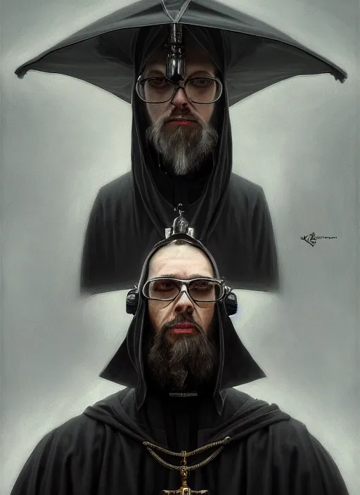 Image similar to portrait of a cyberpunk orthodox priest, grim - lighting, high - contrast, intricate, elegant, highly detailed, centered, digital painting, artstation, concept art, smooth, sharp focus, illustration, artgerm, tomasz alen kopera, peter mohrbacher, donato giancola, joseph christian leyendecker, wlop, boris vallejo