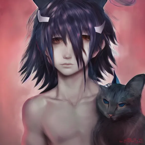 Prompt: blushing emo boy with cat ears and tail, fantasy artwork, award winning, hyper detailed, very very very very very very very very very very very very very very very very very beautiful!!!!!!!!!!, studio lighting, artstation