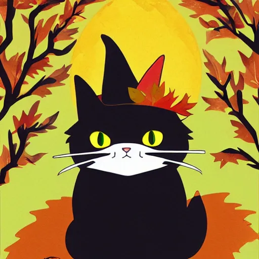 Image similar to very cute illustration of a cat wearing a witch hat, studio ghibli art style, warm fall colors