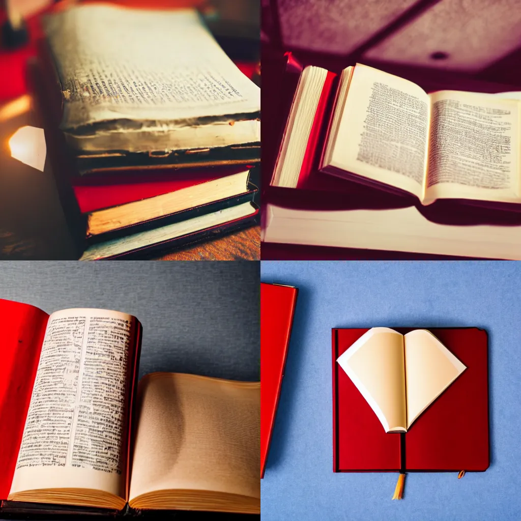 Prompt: old book open on a desk, it is written in red ink and the ink glows 4K photo