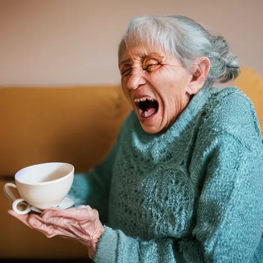 Image similar to elderly woman screaming at a cup of tea, canon eos r 3, f / 1. 4, iso 2 0 0, 1 / 1 6 0 s, 8 k, raw, unedited, symmetrical balance, wide angle