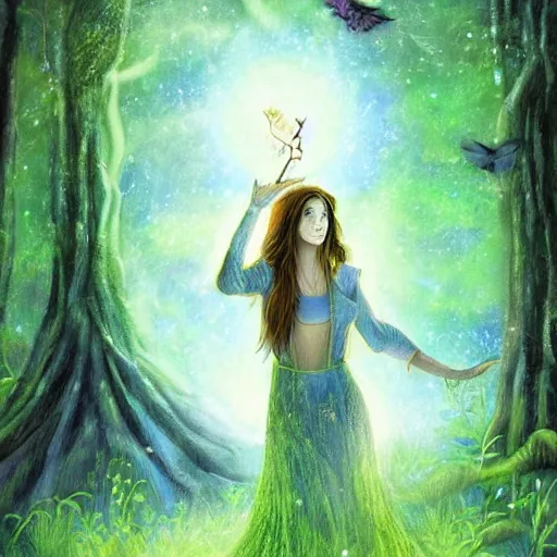 Image similar to female druid casting spells in an enchanted forest, fireflies, moonlight. fantasy art.