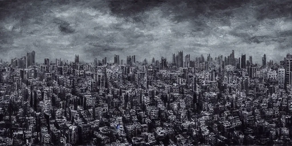 Prompt: an epic painting of the skyline of Tel Aviv in a future dystopian world, dark vibe,