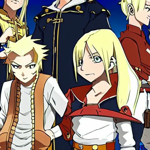 Image similar to young blonde boy fantasy thief in a tavern surrounded by friends, full metal alchemist, anime style