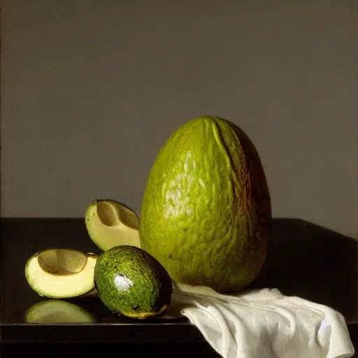 Image similar to still life by willem claesz heda, avocados, chalice, fly, linen, bread